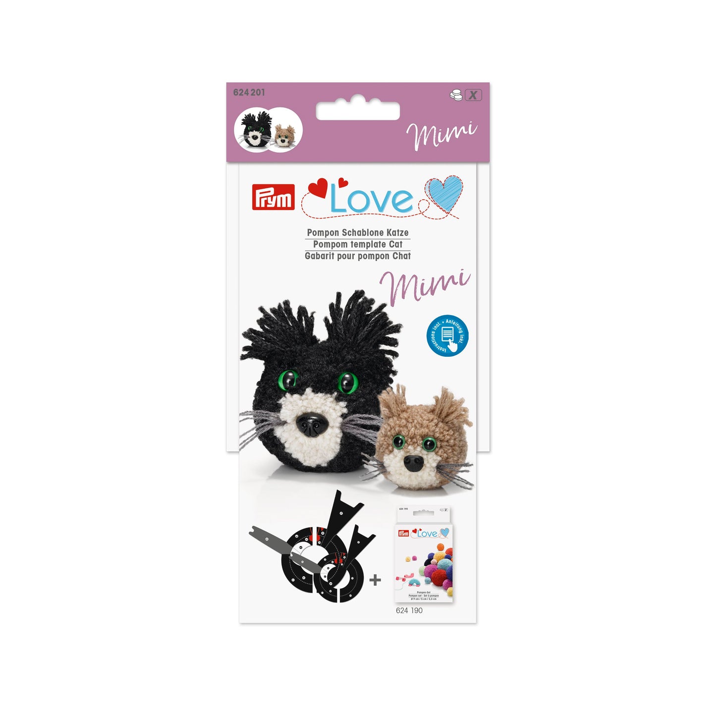 Prym Love Pompom template Cat Mimi Pom Maker, 3 Sizes Fluff Ball Weaver Needle Craft DIY Wool Knitting Tool Set